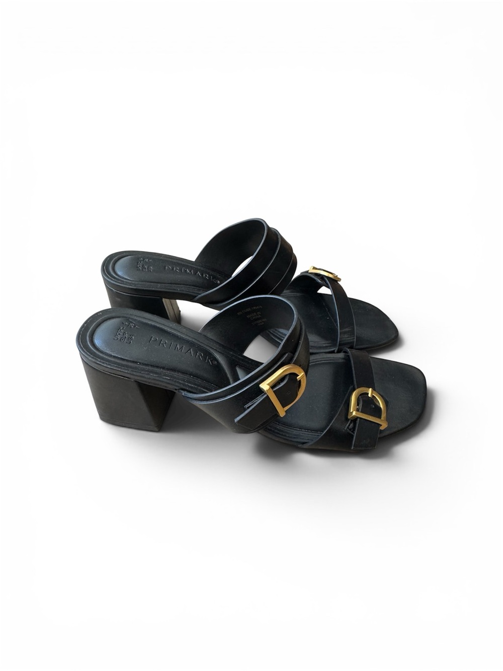 Primark Black Slide Heels with Gold Buckle Detail
